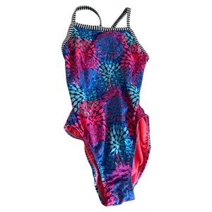 Dolfin Uglies Girls One Piece Swimsuit Floral Burst Blue Pink Size 34
